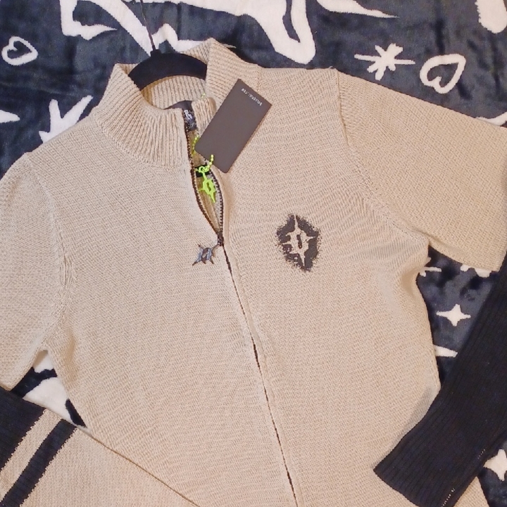 DOLLSKILL DARKER WAVES XXL FADER SWEATER KNIT ROMPER BEIGE/BLACK LONG SLEEVES